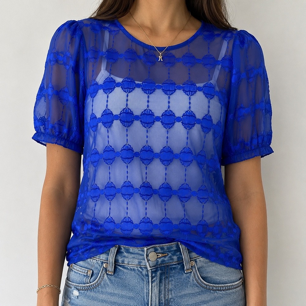 Anna-Be Royal Blue Textured Burnout Puff Sleeve Blouse Top Size Large T7505